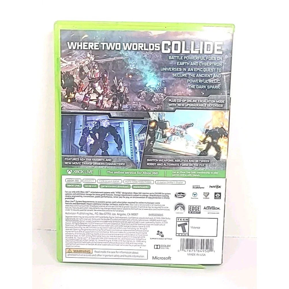 Transformers Rise of the Dark Spark Xbox 360 No Manual Tested 2013